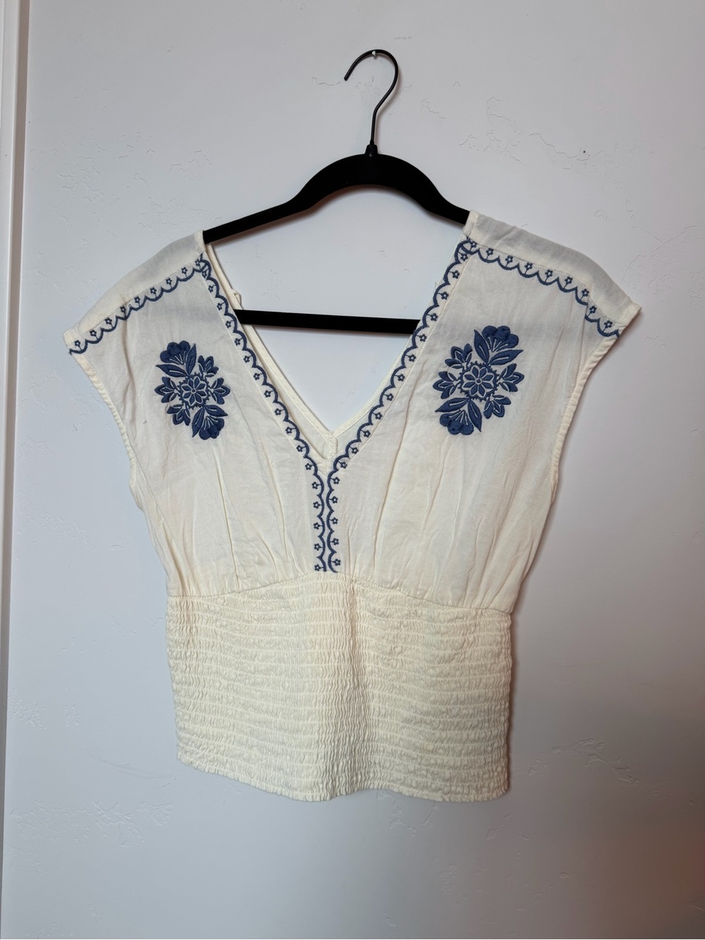 Women’s Embroidered V-Neck Cream Top with Blue Floral Detail